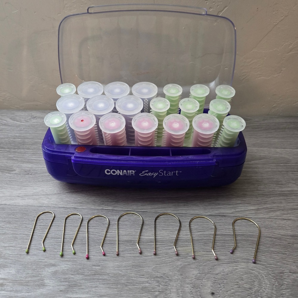 Conair Purple Hot Rollers Set Easy Start Multi-Size Heated Hair Curlers 7 Clips